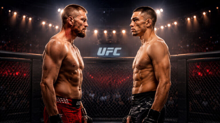 Two MMA fighters in fighting stances inside an octagon, framed by Poland and New Zealand national symbols for the Jan Błachowicz versus Navajo Stirling matchup.