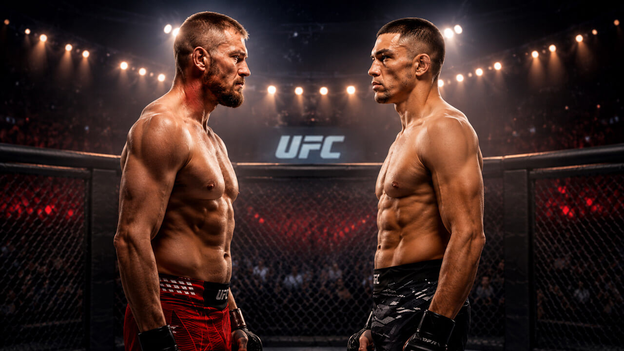 Two MMA fighters in fighting stances inside an octagon, framed by Poland and New Zealand national symbols for the Jan Błachowicz versus Navajo Stirling matchup.