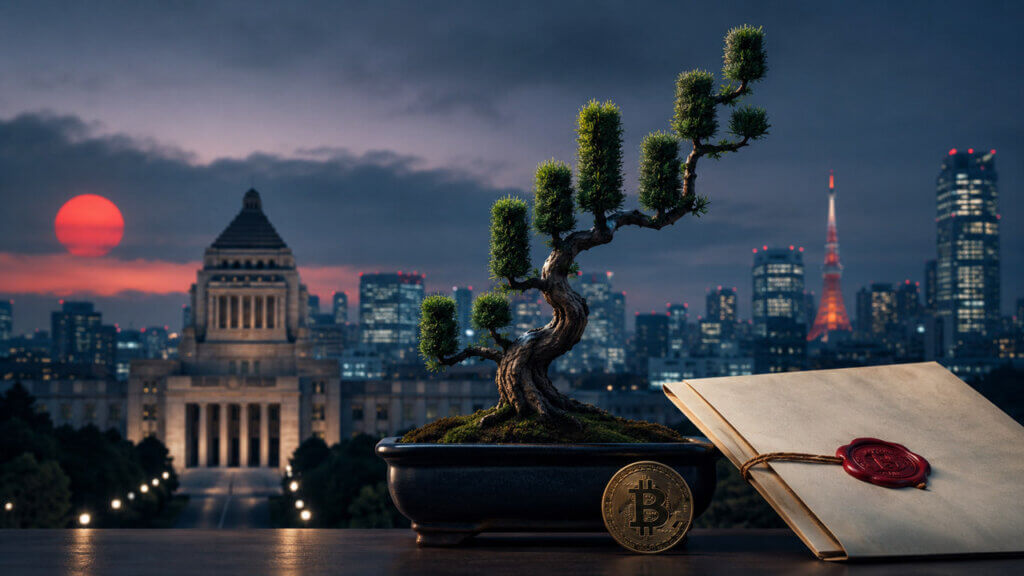 Bonsai shaped like a rising market chart beside a Bitcoin coin and sealed legal dossier, overlooking Tokyo and Japan’s National Diet building.