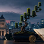 Bonsai shaped like a rising market chart beside a Bitcoin coin and sealed legal dossier, overlooking Tokyo and Japan’s National Diet building.