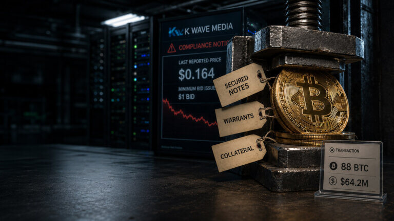 K Wave Bitcoin exit illustration showing Bitcoin collateral under financial pressure and falling market value