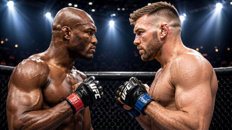Kamaru Usman and Dricus Du Plessis facing each other inside the UFC octagon under bright arena spotlights.