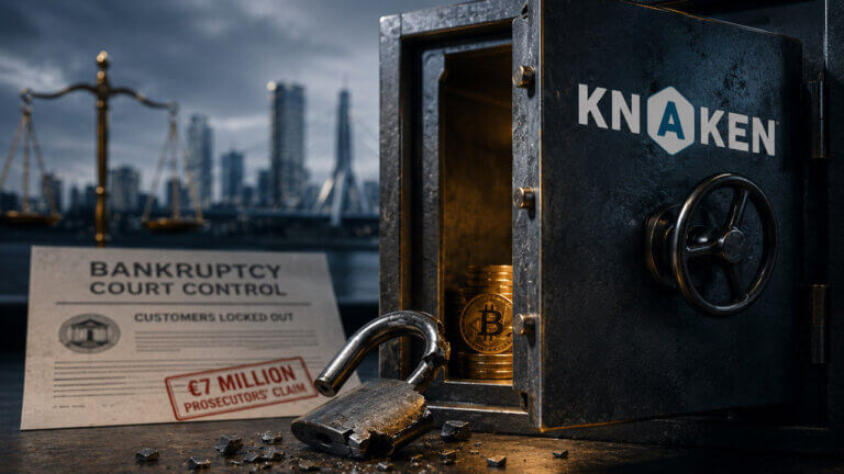 Open Knaken-branded vault with crypto assets, a broken padlock and bankruptcy court documents marked with a €7 million prosecutors’ claim.