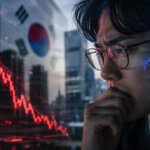 Korean trader watches a steep red stock market decline reflected against a smaller blue crypto chart in a Seoul financial setting.