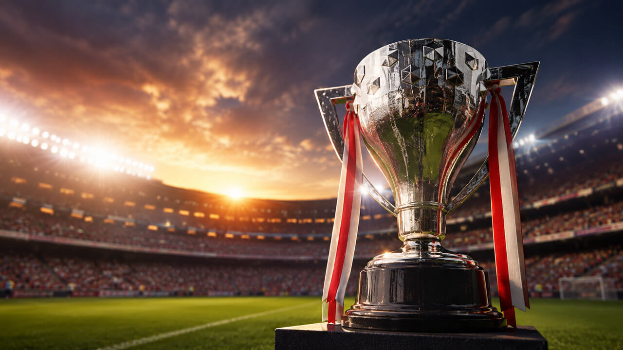 Close-up of a silver championship trophy with red-and-white ribbons on the right side of a football stadium at sunset.