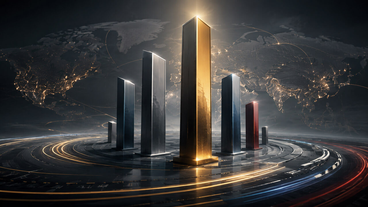 Tall gold corporate tower leading a group of competing company pillars before an illuminated world map and global network.