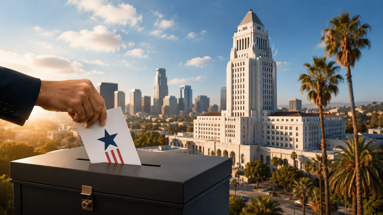 Hand placing a ballot into a secure election box overlooking Los Angeles City Hall, the downtown skyline, and palm trees in morning light.