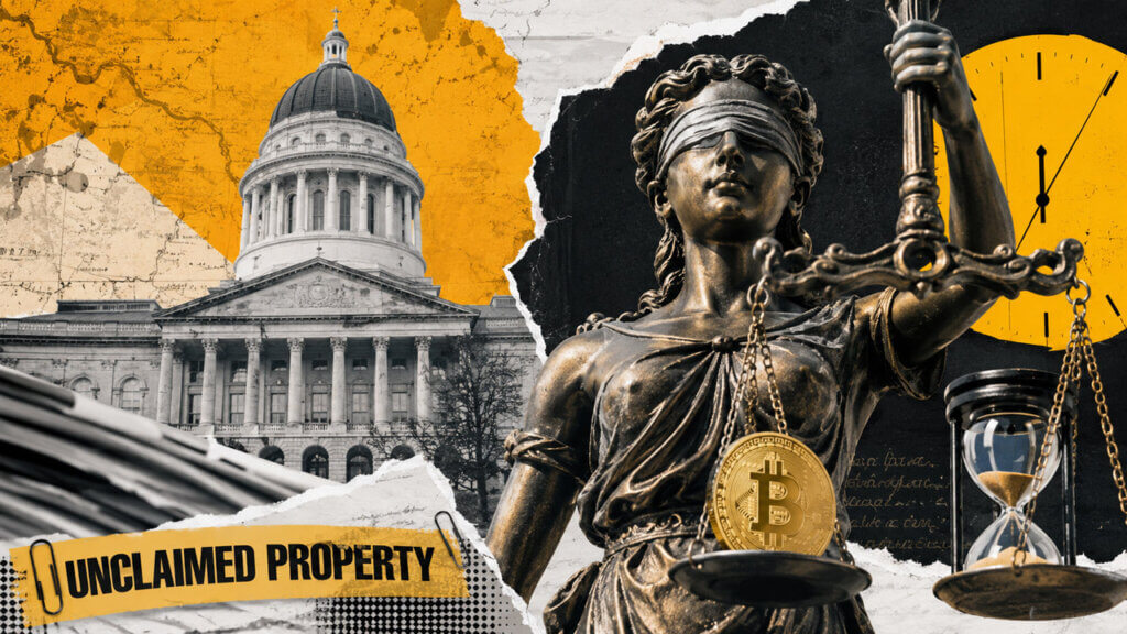 Mixed-media editorial collage of blindfolded Lady Justice balancing a Bitcoin symbol against an hourglass, with the Maine State House, a large clock, and an “Unclaimed Property” document label.