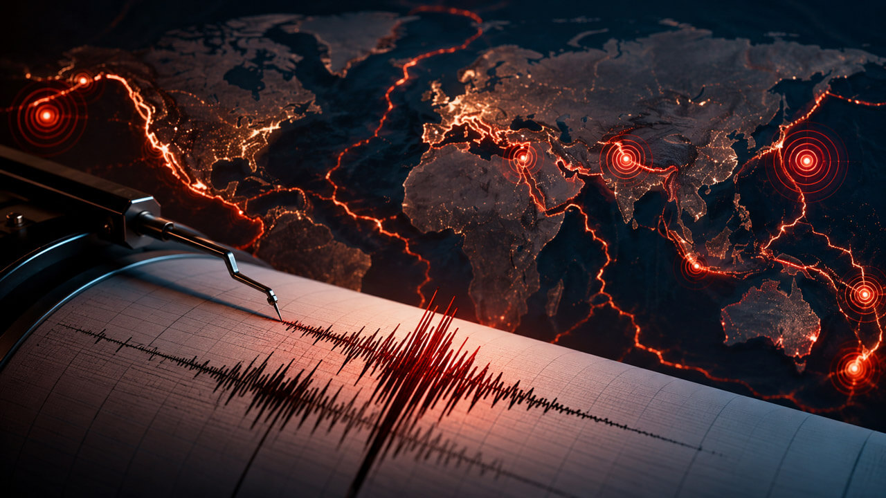 Seismograph recording a powerful tremor beside a world map marked with glowing earthquake epicenters along major tectonic boundaries.