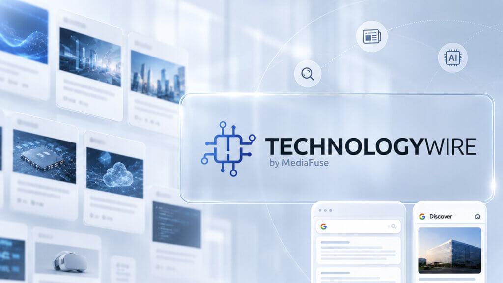 TechnologyWire by MediaFuse branding displayed on a transparent digital interface surrounded by technology publisher cards, AI search icons, and media discovery elements representing modern press release distribution.