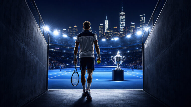 Male tennis player walking from a dark stadium tunnel toward a blue court and silver championship trophy.