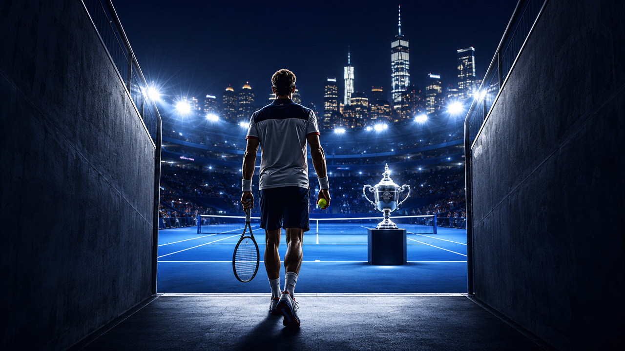 Male tennis player walking from a dark stadium tunnel toward a blue court and silver championship trophy.