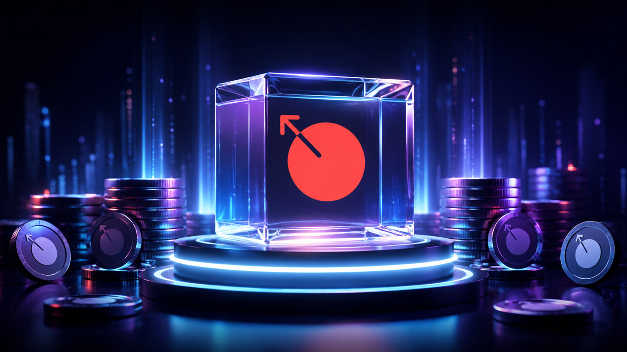 MetaDAO logo displayed inside a transparent illuminated cube surrounded by stacks of digital tokens in a futuristic sale environment.