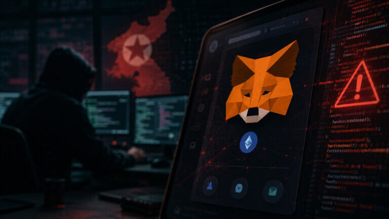 MetaMask wallet interface beside exposed code and a security warning, with a shadowy hacker and North Korea map in the background.