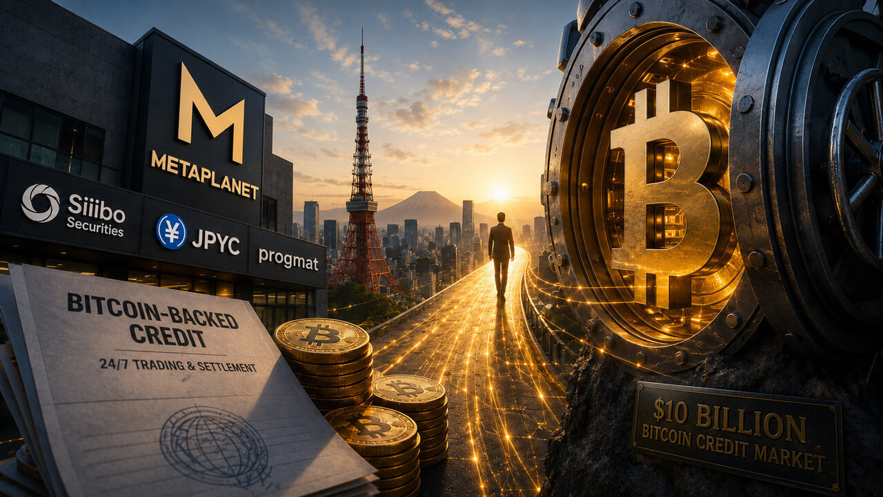 A Bitcoin coin feeds a financial document machine in a Tokyo boardroom, symbolizing companies turning Bitcoin holdings into tokenized credit instruments.