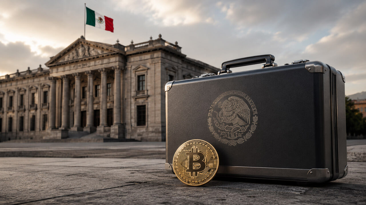 Government building in Mexico with a Bitcoin coin and secure briefcase in the foreground, symbolizing institutional oversight of crypto asset VAT rules.