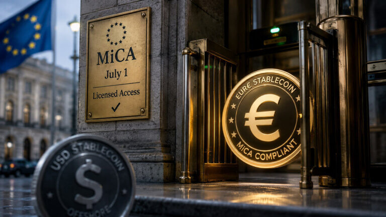 MiCA license document beside a euro coin representing European bank access to regulated stablecoins under the EU's MiCA framework.