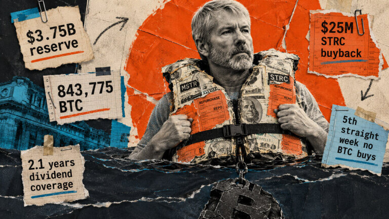 Michael Saylor wearing a dollar-covered flotation vest above dark paper waves, with a cracked Bitcoin anchor and labels highlighting Strategy’s $3.75 billion reserve, 843,775 BTC holdings, STRC buyback, and five-week purchase pause.