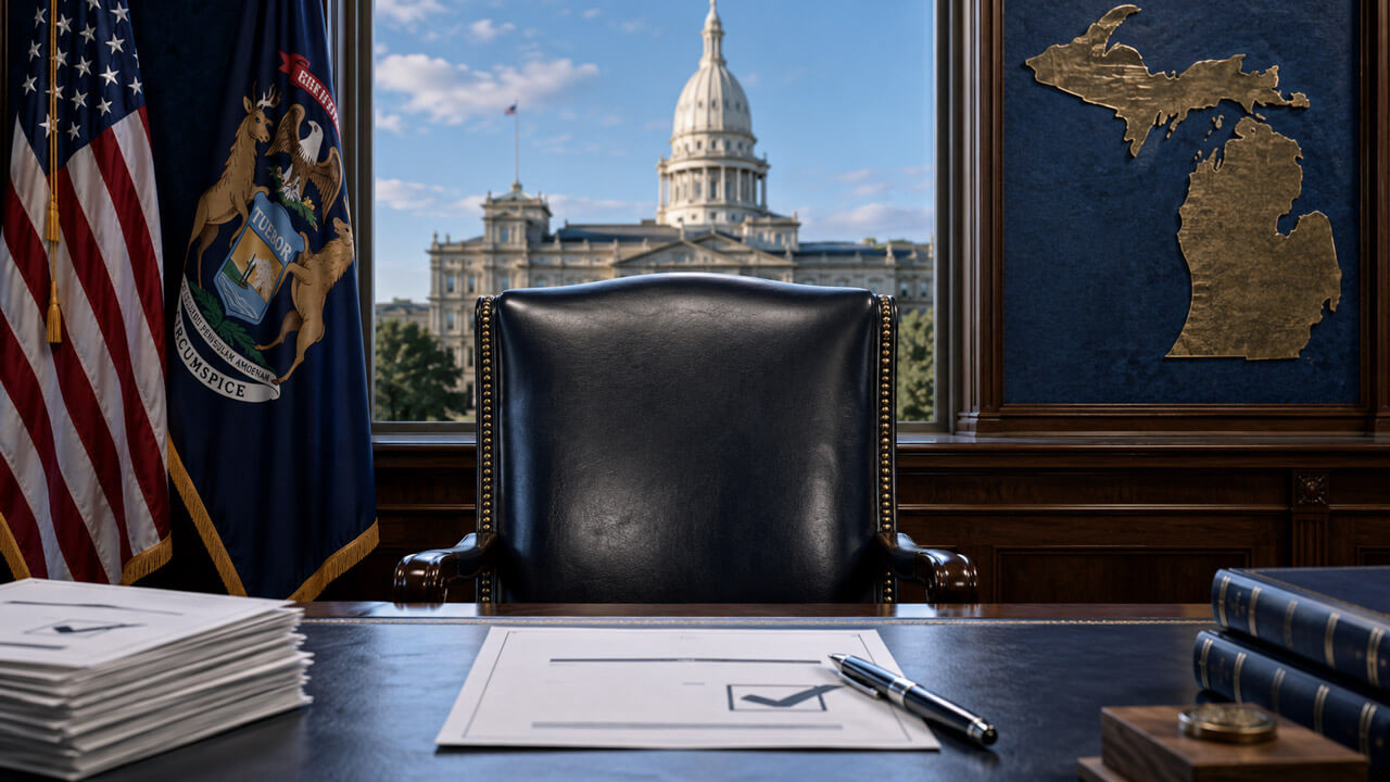 Empty government chair behind a desk with a ballot paper, Michigan and United States flags, and the state Capitol visible through the window.