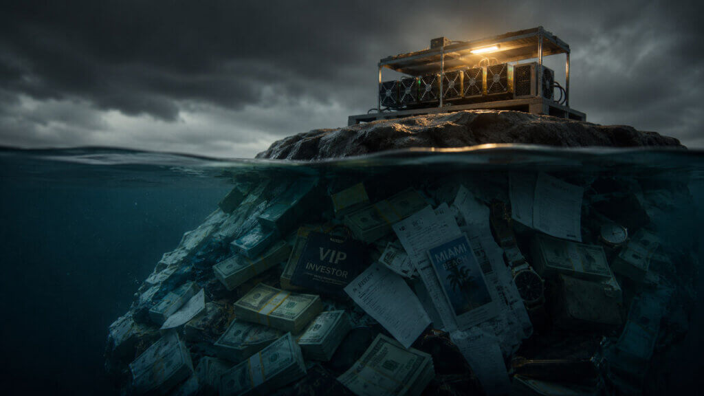 Small crypto mining rig above the water while a much larger submerged mass of cash, investor documents, travel receipts, and luxury expenses is hidden below the surface.