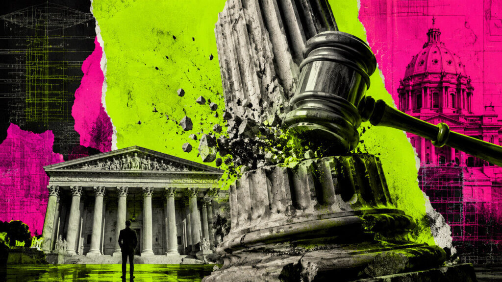 Neon editorial photomontage of a judge’s gavel smashing through a classical stone column, framed by a federal courthouse, Minnesota’s State Capitol and torn acid-green and hot-magenta paper.