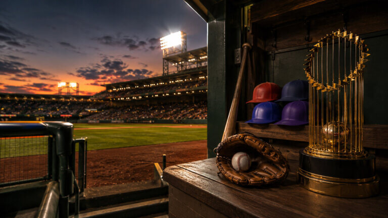 Golden baseball championship trophy surrounded by four team-colored caps at home plate in a packed stadium at sunset.