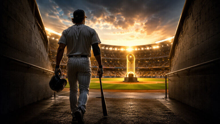 Baseball player carrying a bat and helmet through a dark stadium tunnel toward a gold MVP-style trophy on the illuminated field.