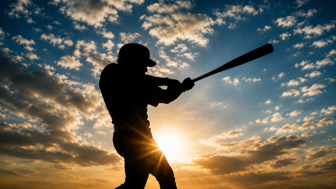 Silhouetted baseball batter completing a powerful swing against a dramatic sunset sky.