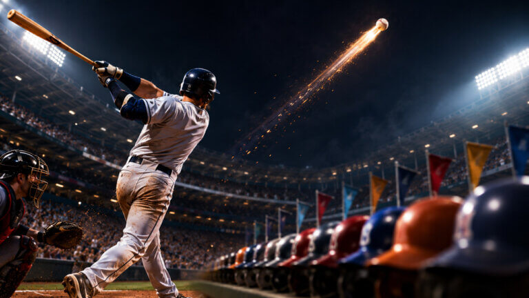 Baseball slugger launching a towering home run with a fiery ball trail inside a packed stadium under bright night lights.