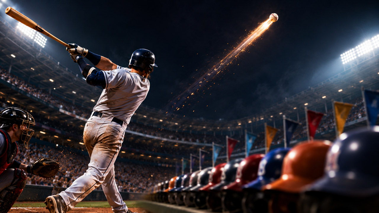 Baseball slugger launching a towering home run with a fiery ball trail inside a packed stadium under bright night lights.