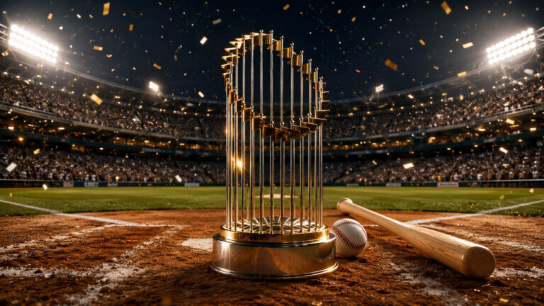 Gold World Series-style trophy displayed on a baseball field under stadium lights, with gloves and baseballs in the foreground.