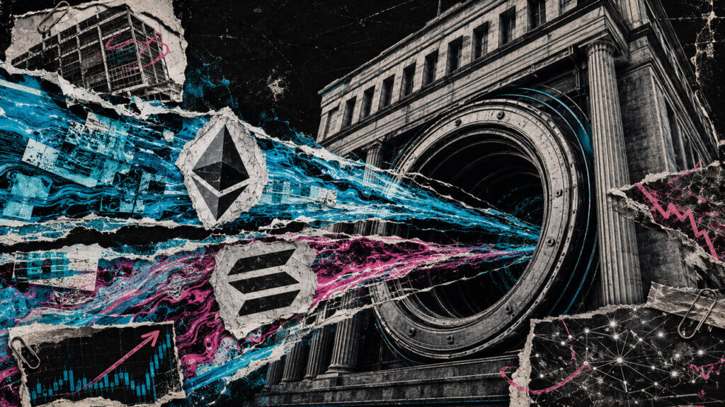 Mixed-media editorial collage showing electric cyan and magenta Ethereum and Solana capital streams flowing into a large vault-like opening in a financial institution building.
