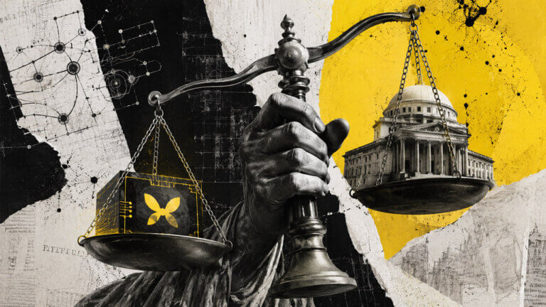 Mixed-media collage showing a monumental hand holding scales that balance a Morpho-marked technology cube against a government building, representing crypto vault management under securities-law scrutiny.