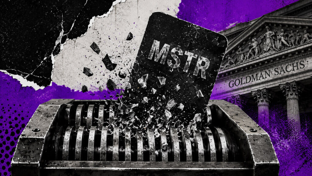Editorial collage showing a cracked MSTR plate being destroyed in an industrial shredder, with flying debris, vivid purple torn-paper textures, and a Goldman Sachs building in the background.