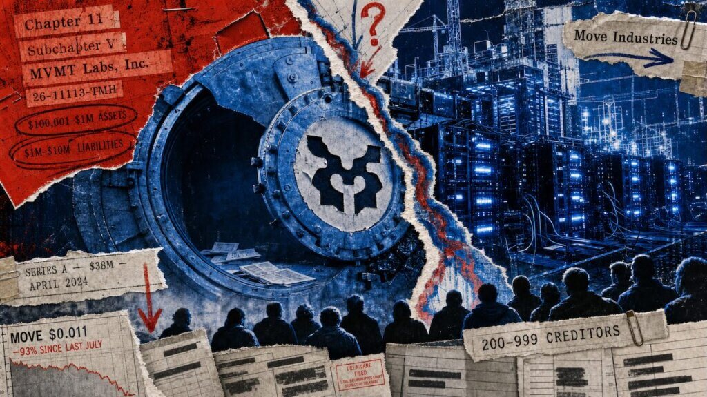 Editorial collage of an empty MVMT Labs vault beside the operational Movement Network, with bankruptcy asset and liability figures.