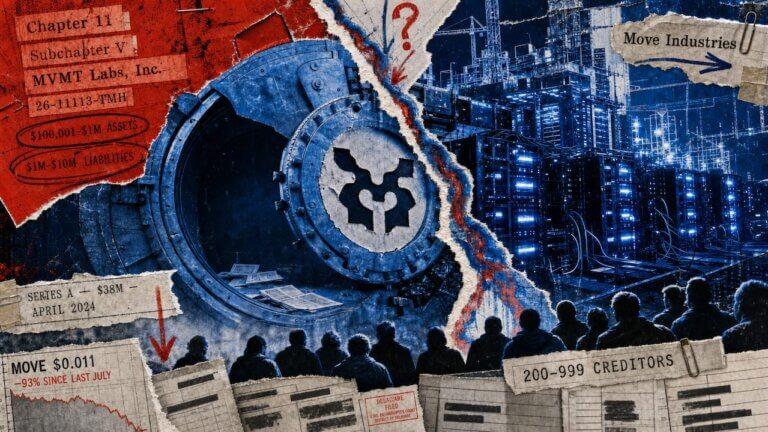 Editorial collage of an empty MVMT Labs vault beside the operational Movement Network, with bankruptcy asset and liability figures.