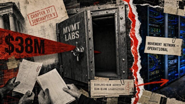 Editorial collage of an empty MVMT Labs vault beside the operational Movement Network, with bankruptcy asset and liability figures.
