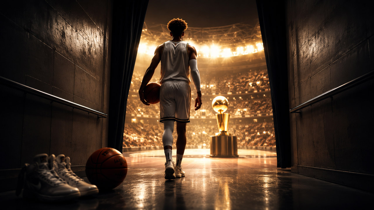 Young basketball player walking from a dark arena tunnel toward a glowing Rookie of the Year-style trophy at center court.