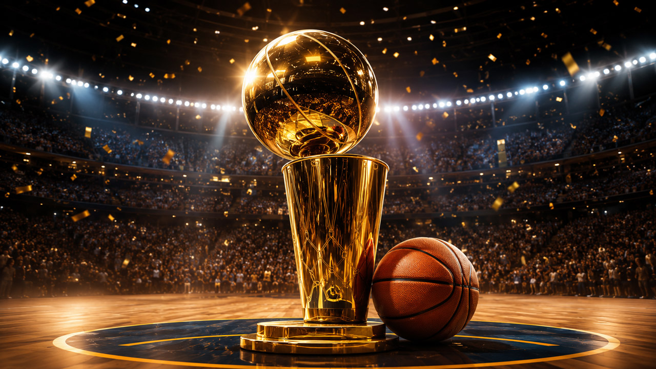 Gold basketball championship trophy displayed beside a basketball at center court inside a packed arena with confetti falling.