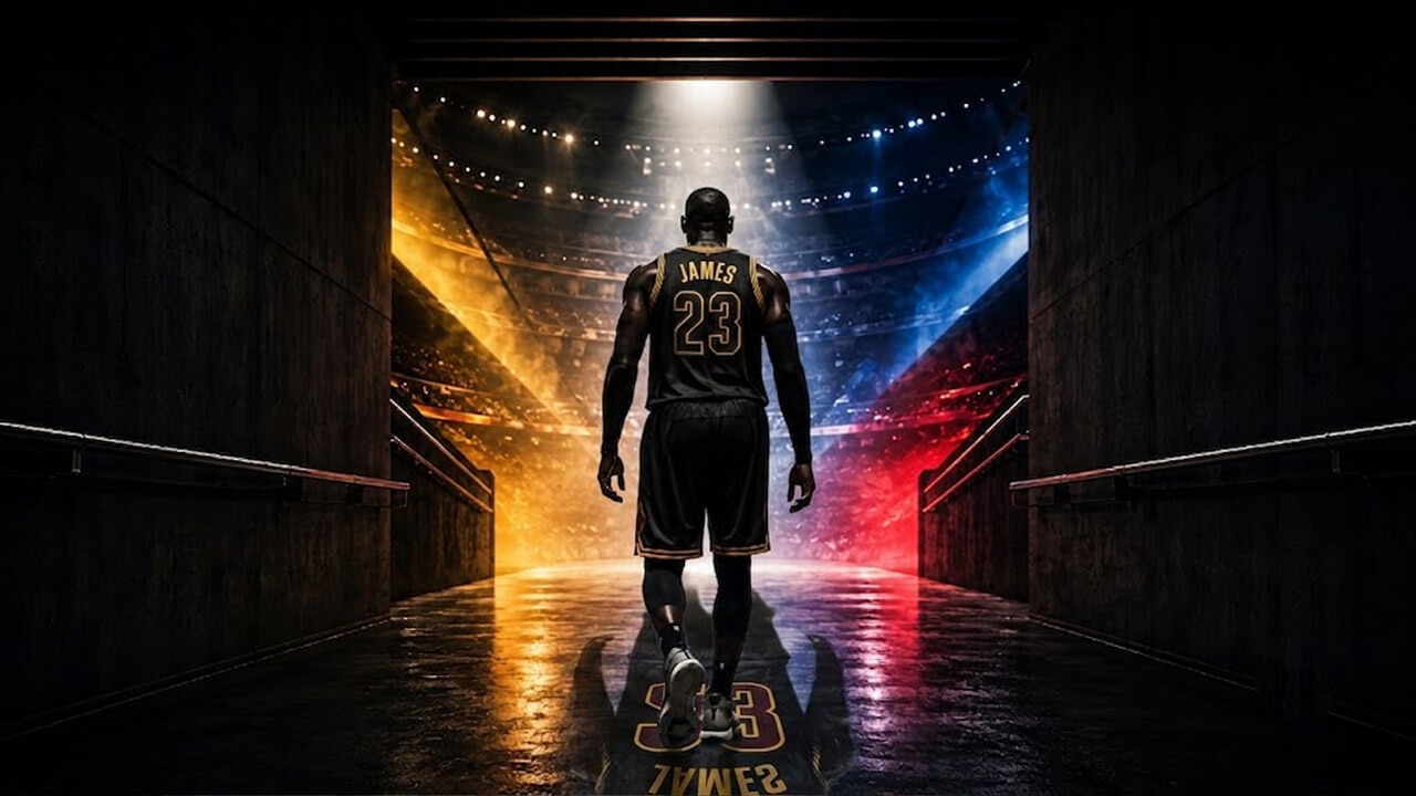 Back-facing basketball player wearing a black number 23 James jersey walks from a dark arena tunnel into dramatic stadium lights, suggesting next-team speculation and free agency anticipation.