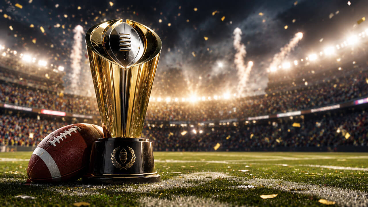 Gold college football championship trophy and football on the field inside a packed stadium with confetti and bright lights.