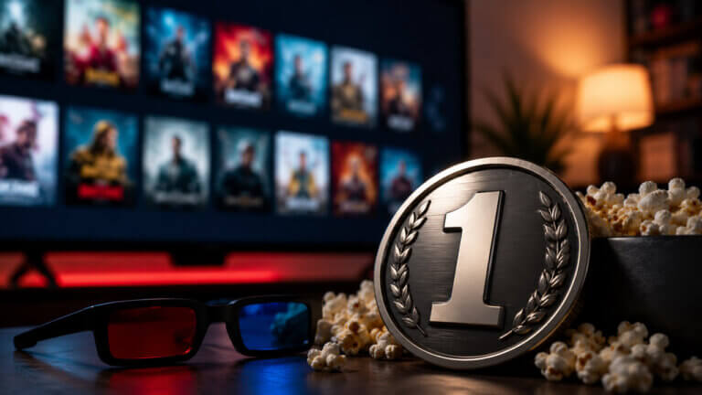 Number one medal beside popcorn and 3D glasses with a movie selection screen blurred in the background.