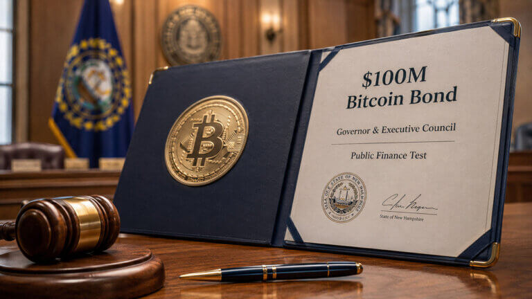 Close-up of a proposed $100 million Bitcoin-backed bond document with a Bitcoin emblem, gavel, and New Hampshire government chamber in the background, illustrating the state's public finance approval process.