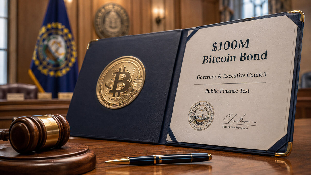 Close-up of a proposed $100 million Bitcoin-backed bond document with a Bitcoin emblem, gavel, and New Hampshire government chamber in the background, illustrating the state's public finance approval process.