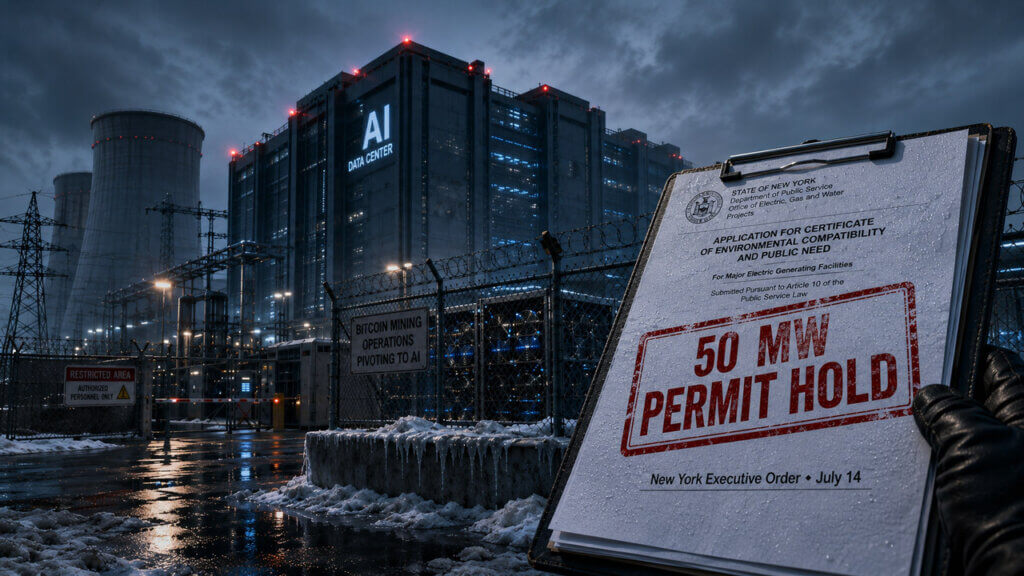 New York permit document stamped “50 MW Permit Hold” in front of a fenced AI data center with cooling towers, power infrastructure, and Bitcoin mining equipment.