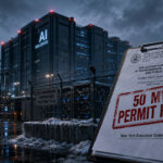 New York permit document stamped “50 MW Permit Hold” in front of a fenced AI data center with cooling towers, power infrastructure, and Bitcoin mining equipment.