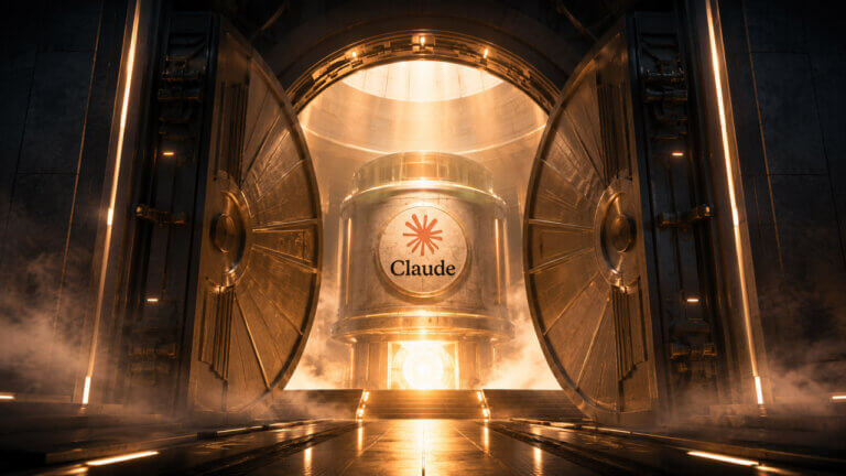 Massive illuminated vault doors opening to reveal a Claude-branded AI core inside a cinematic amber technology facility.