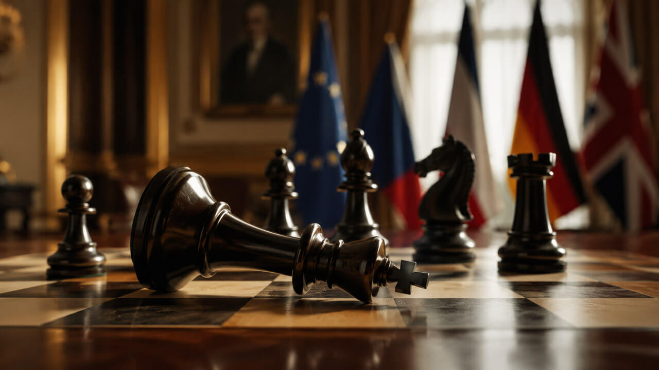 Fallen king chess piece on a political strategy board with blurred national flags in the background.