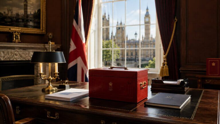 Red ministerial budget box displayed on a formal government desk with a Union Jack and the Houses of Parliament visible through the window.