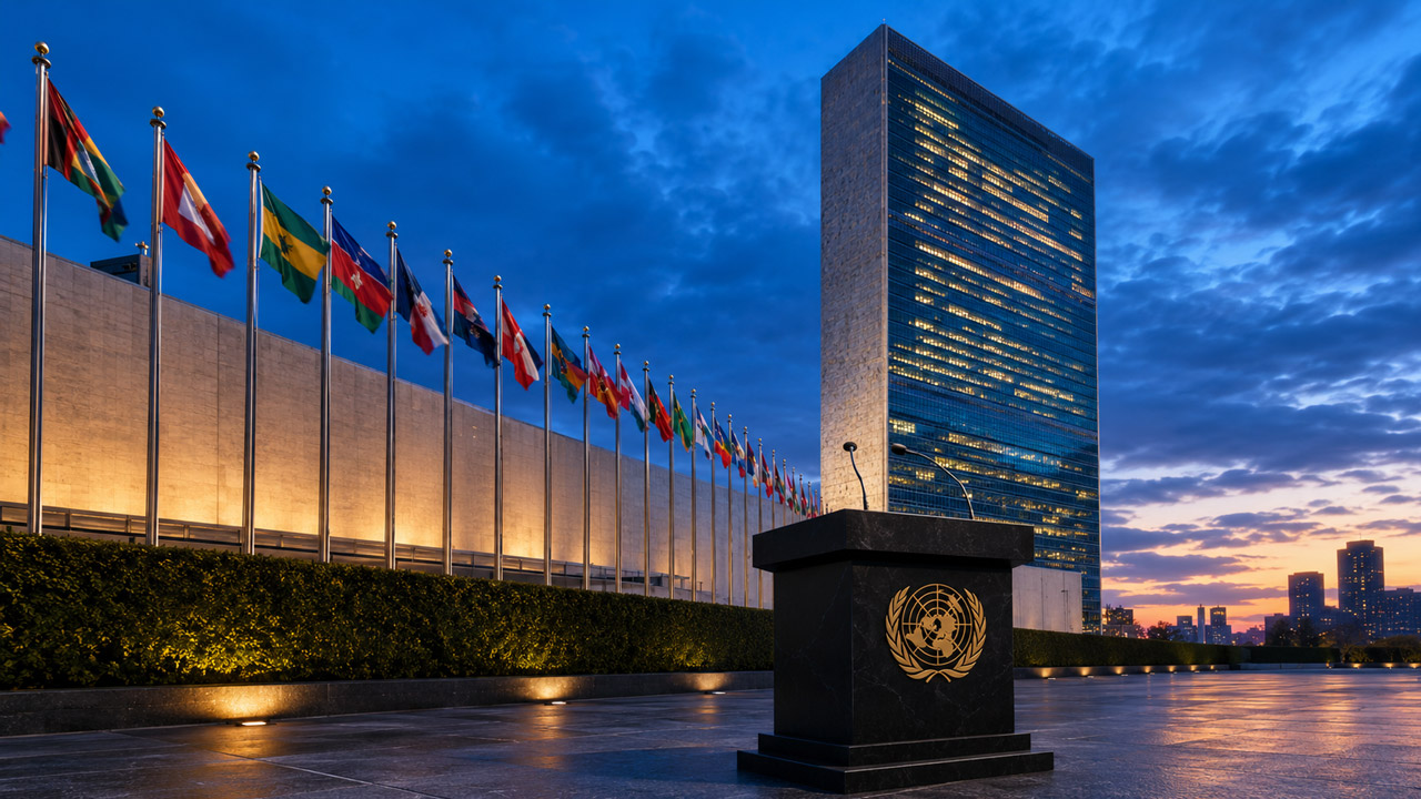 United Nations Headquarters in New York at dusk with international flags and an empty UN podium in the foreground.